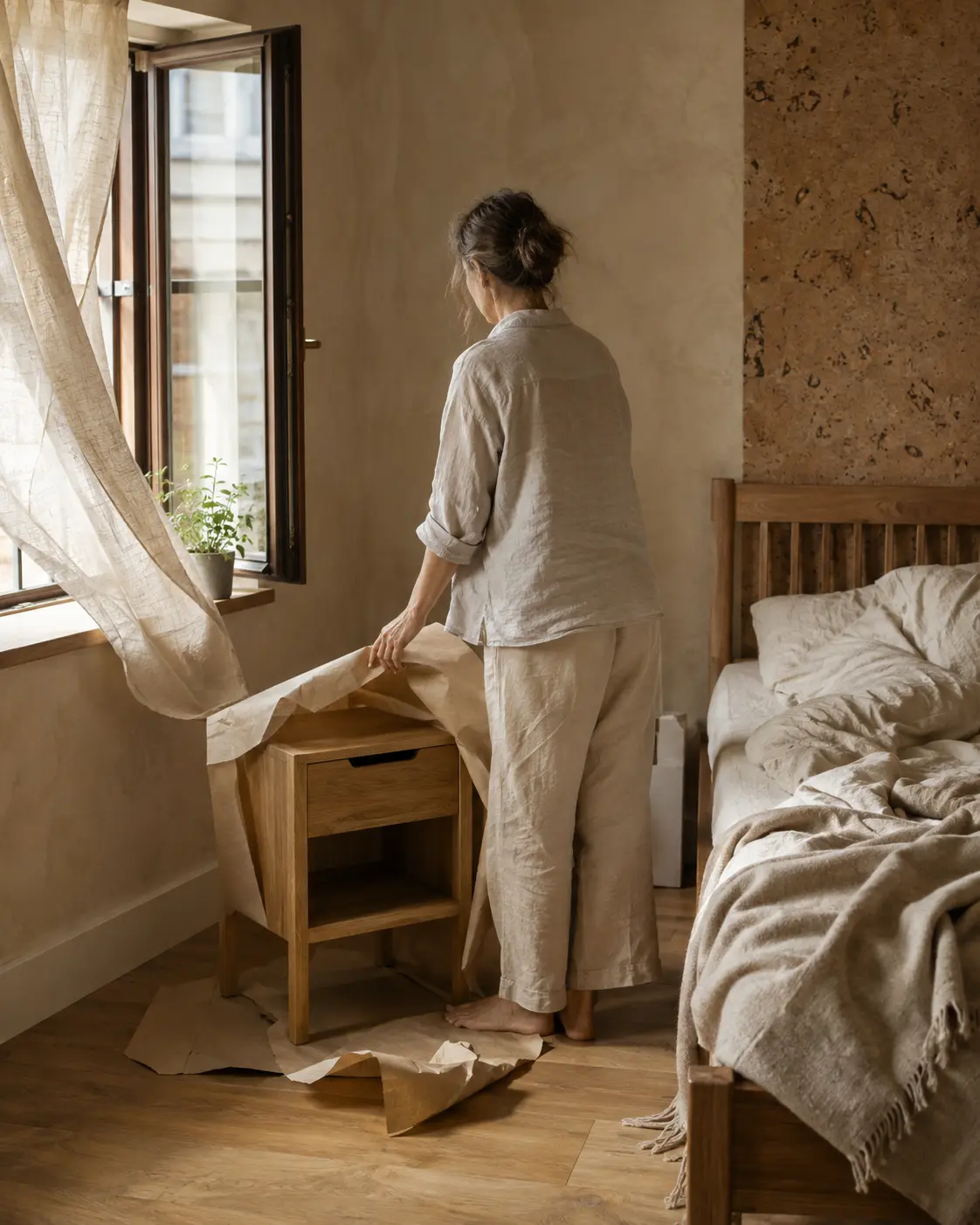 Eine von hinten gesehene Frau steht in einem hellen Schlafzimmer an einem offenen Fenster; der Leinenvorhang wird vom Luftzug angehoben. Sie packt einen Nachttisch aus Holz aus, Packpapier liegt um sie herum auf dem Boden. Daneben ein Eichenbett mit Leinenbettwäsche und Wolldecke, eine Topfpflanze auf der Fensterbank und eine Korkplatte an der Wand. Warmes Tageslicht, Beige- und Naturholztöne.