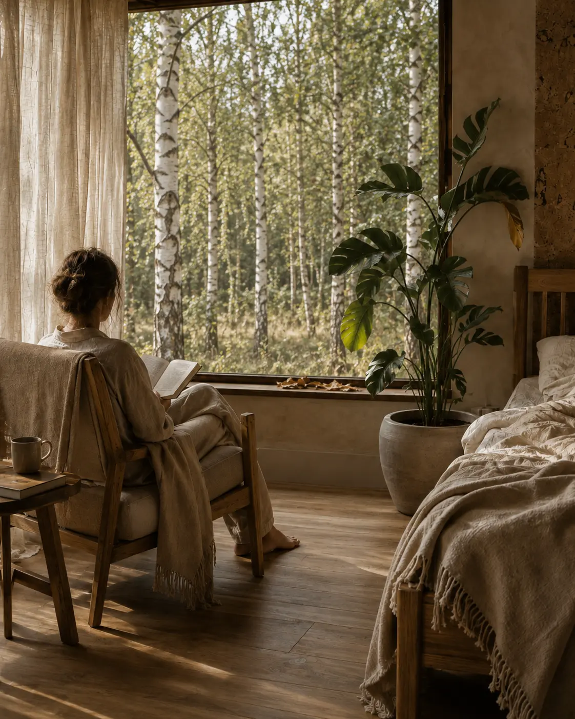 Eine Frau sitzt mit dem Rücken zur Kamera in einem Holzsessel an einem großen Fenster und liest ein Buch. Vor dem Fenster füllt ein dichter Birkenhain den gesamten Blick. Das Nachmittagslicht fällt in Streifen auf den Eichenboden. Das Interieur ist in Leinen- und Holztönen gehalten; neben dem Fenster steht eine große Monstera in einem Steintopf, auf der Fensterbank liegen einige trockene Blätter.
