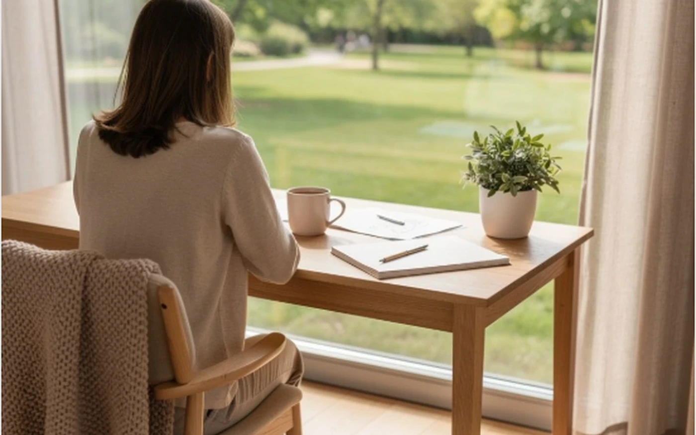 Woman working at a wooden desk beside a large window
