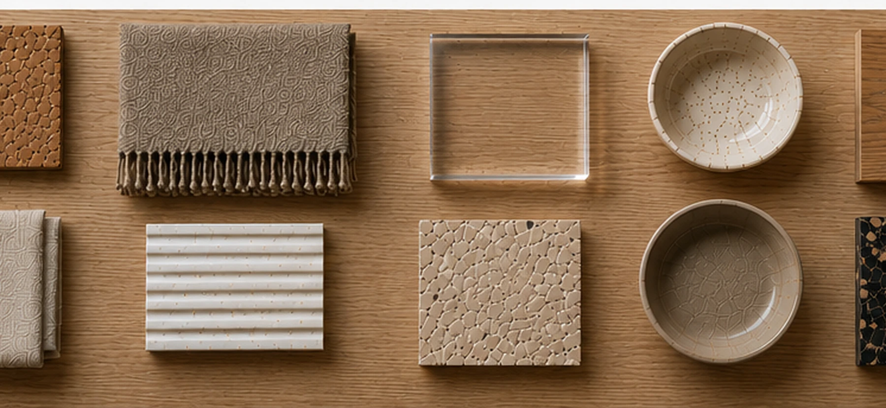 Material-Moodboard mit Kork, Wolle, transparentem PMMA, Keramik, Holz und Stein